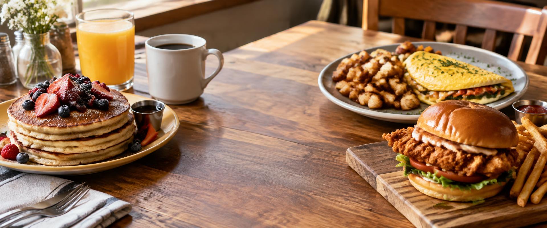 Breakfast and lunch dishes with coffee and fresh orange juice